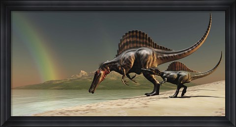 Framed mother Spinosaurus brings her offspring to a lake for a drink of water Print
