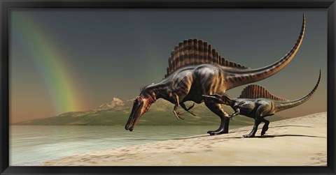 Framed mother Spinosaurus brings her offspring to a lake for a drink of water Print