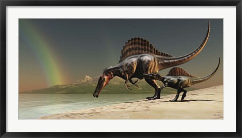 Framed mother Spinosaurus brings her offspring to a lake for a drink of water Print