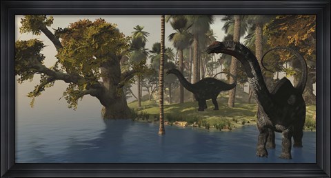 Framed Two Apatosaurus dinosaurs visit an island in prehistoric times Print