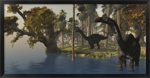 Framed Two Apatosaurus dinosaurs visit an island in prehistoric times Print