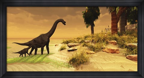 Framed mother Brachiosaurus Dinosaur and her offspring Print