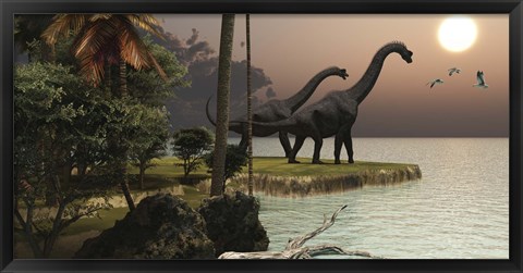 Framed Two Brachiosaurus dinosaurs enjoy a beautiful sunset Print