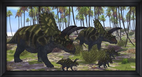 Framed Two mother Coahuilaceratops escort their baby hatchlings Print