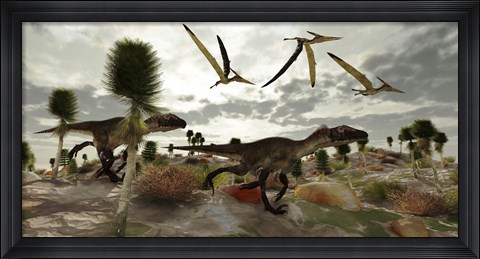 Framed Two Utahraptors hunt for prey as pterosaurs fly above Print