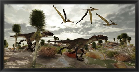 Framed Two Utahraptors hunt for prey as pterosaurs fly above Print