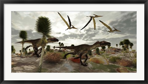 Framed Two Utahraptors hunt for prey as pterosaurs fly above Print