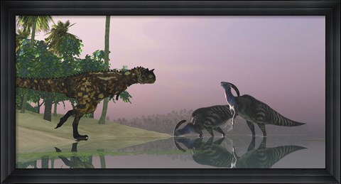 Framed Carnotaurus dinosaur attacks two Parasaurolophus dinosaurs Print