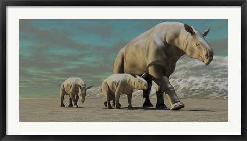 Framed Paraceratherium mother with two twin calves walks along a desert Print