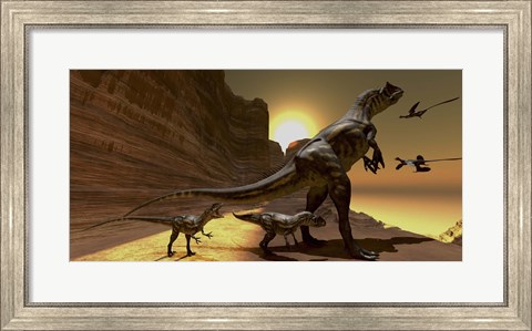 Framed Mother Allosaurus observes Archaeopteryx birds at sunset Print
