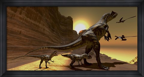 Framed Mother Allosaurus observes Archaeopteryx birds at sunset Print