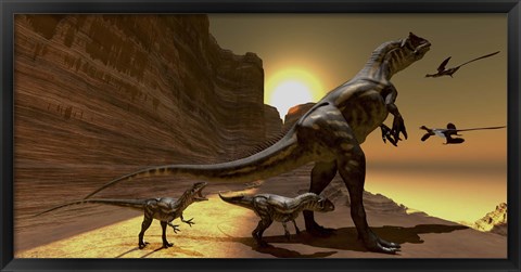 Framed Mother Allosaurus observes Archaeopteryx birds at sunset Print