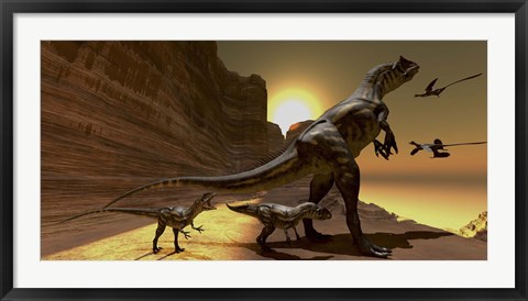 Framed Mother Allosaurus observes Archaeopteryx birds at sunset Print