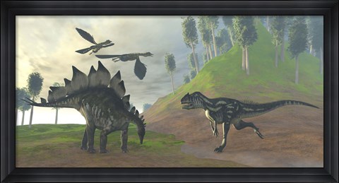 Framed Allosaurus attacks an unaware Stegosaurus dinosaur Print