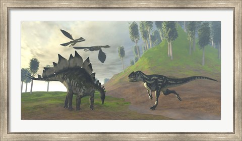 Framed Allosaurus attacks an unaware Stegosaurus dinosaur Print