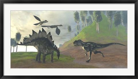 Framed Allosaurus attacks an unaware Stegosaurus dinosaur Print