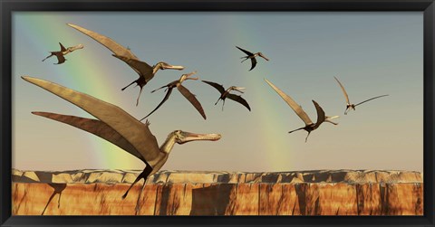 Framed flock of Pterodactyls fly out of a canyon Print