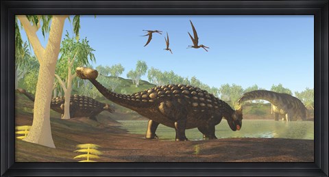 Framed Ankylosaurus dinosaurs drink from a swamp along with an Argentinosaurus Print