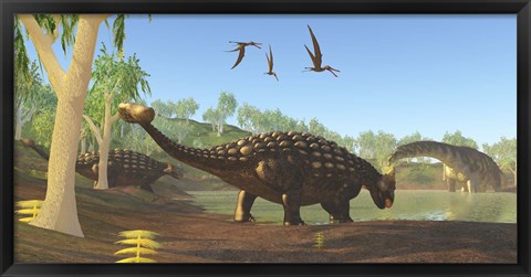 Framed Ankylosaurus dinosaurs drink from a swamp along with an Argentinosaurus Print