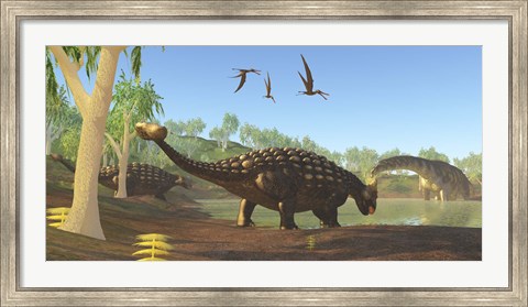 Framed Ankylosaurus dinosaurs drink from a swamp along with an Argentinosaurus Print