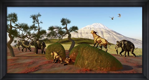Framed family of Saber Toothed Tigers watch a herd of Woolly Mammoths Print