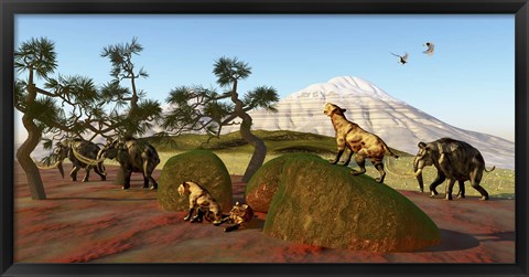 Framed family of Saber Toothed Tigers watch a herd of Woolly Mammoths Print