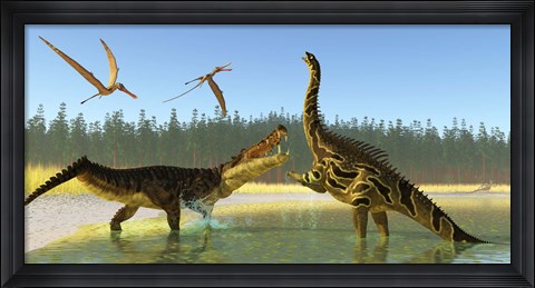 Framed Kaprosuchus reptile confronts an Agustinia dinosaur Print