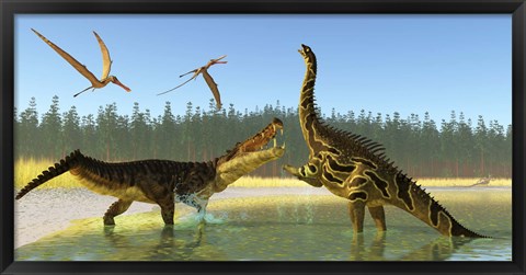 Framed Kaprosuchus reptile confronts an Agustinia dinosaur Print