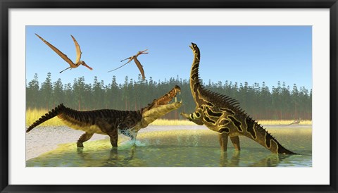 Framed Kaprosuchus reptile confronts an Agustinia dinosaur Print