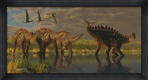 Framed Miragaia dinosaur bellows in protest as others try to join him in the marsh Print