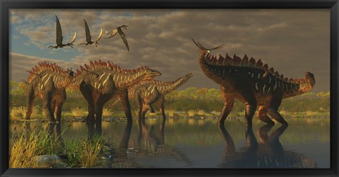 Framed Miragaia dinosaur bellows in protest as others try to join him in the marsh Print