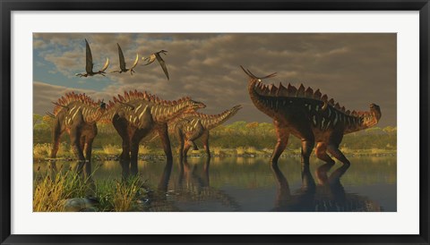 Framed Miragaia dinosaur bellows in protest as others try to join him in the marsh Print