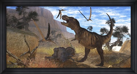 Framed Tyrannosaurus Rex attempts to eat his Triceratops kill while Pteranodons harass him Print