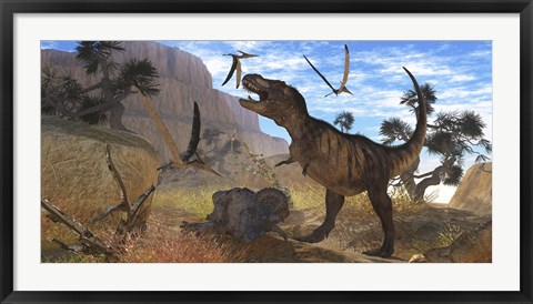 Framed Tyrannosaurus Rex attempts to eat his Triceratops kill while Pteranodons harass him Print
