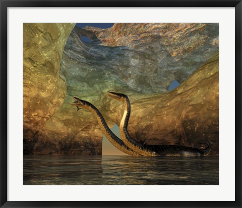 Framed Plesiosaurus captures a Eurhinosaurus marine reptile in a sea cave Print