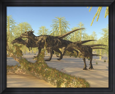 Framed herd of Dracorex dinosaurs walk through a carboniferous forest Print