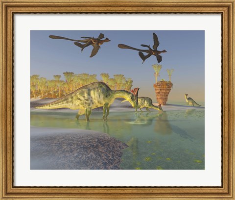 Framed Olorotitan eat duckweed in a large swamp as two Microraptors fly above Print