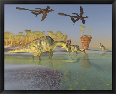 Framed Olorotitan eat duckweed in a large swamp as two Microraptors fly above Print