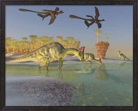 Framed Olorotitan eat duckweed in a large swamp as two Microraptors fly above Print
