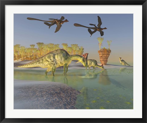 Framed Olorotitan eat duckweed in a large swamp as two Microraptors fly above Print