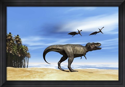 Framed Pterodactyls fly over a beastly Tyrannosaurus Rex Print