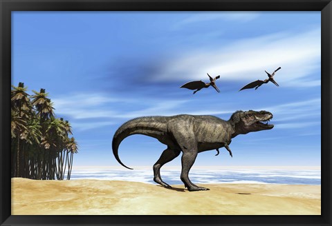 Framed Pterodactyls fly over a beastly Tyrannosaurus Rex Print