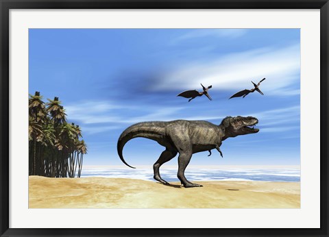 Framed Pterodactyls fly over a beastly Tyrannosaurus Rex Print