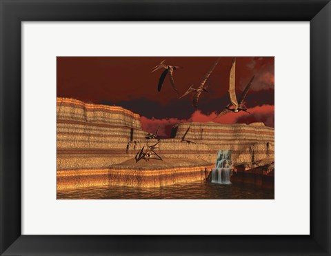 Framed Pteranodon dinosaurs in a prehistoric landscape Print
