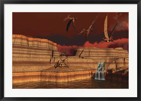 Framed Pteranodon dinosaurs in a prehistoric landscape Print