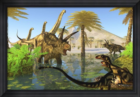 Framed Two Dilong dinosaurs guard their nest from a Coahuilaceratops Print