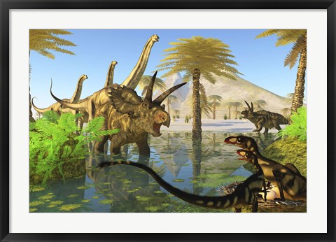 Framed Two Dilong dinosaurs guard their nest from a Coahuilaceratops Print