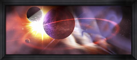 Framed Solar flares radiate from a huge sun near a planet and its orbiting moons Print