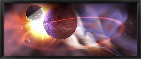 Framed Solar flares radiate from a huge sun near a planet and its orbiting moons Print