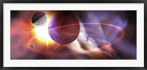 Framed Solar flares radiate from a huge sun near a planet and its orbiting moons Print